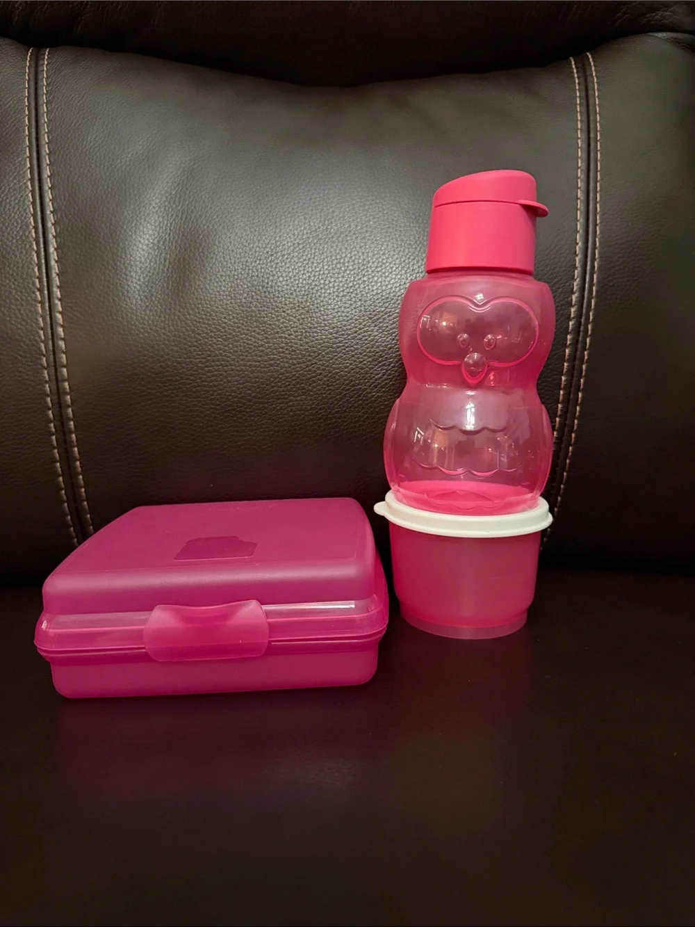 Tupperware Pink Kids Snack Box and Owl Bottle Set